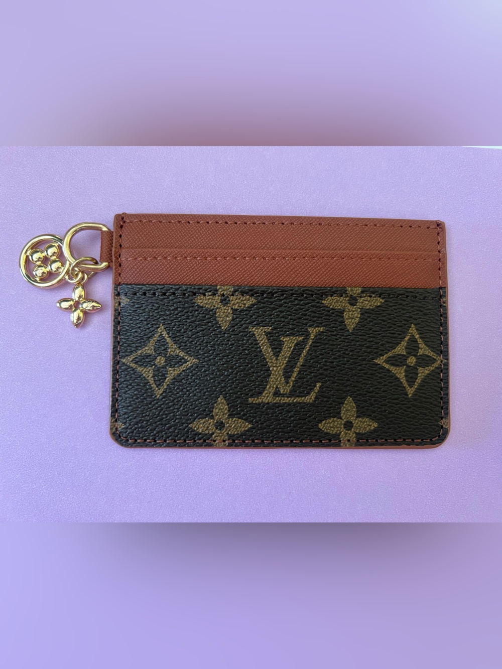 New  Brown Monogram Card Holder with Charm